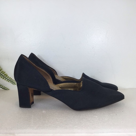 YVES SAINT LAURENT ITALY VTG BLOCK KITTEN HEEL CANVAS SLIP ON BLACK SZ 8 - Picture 1 of 11